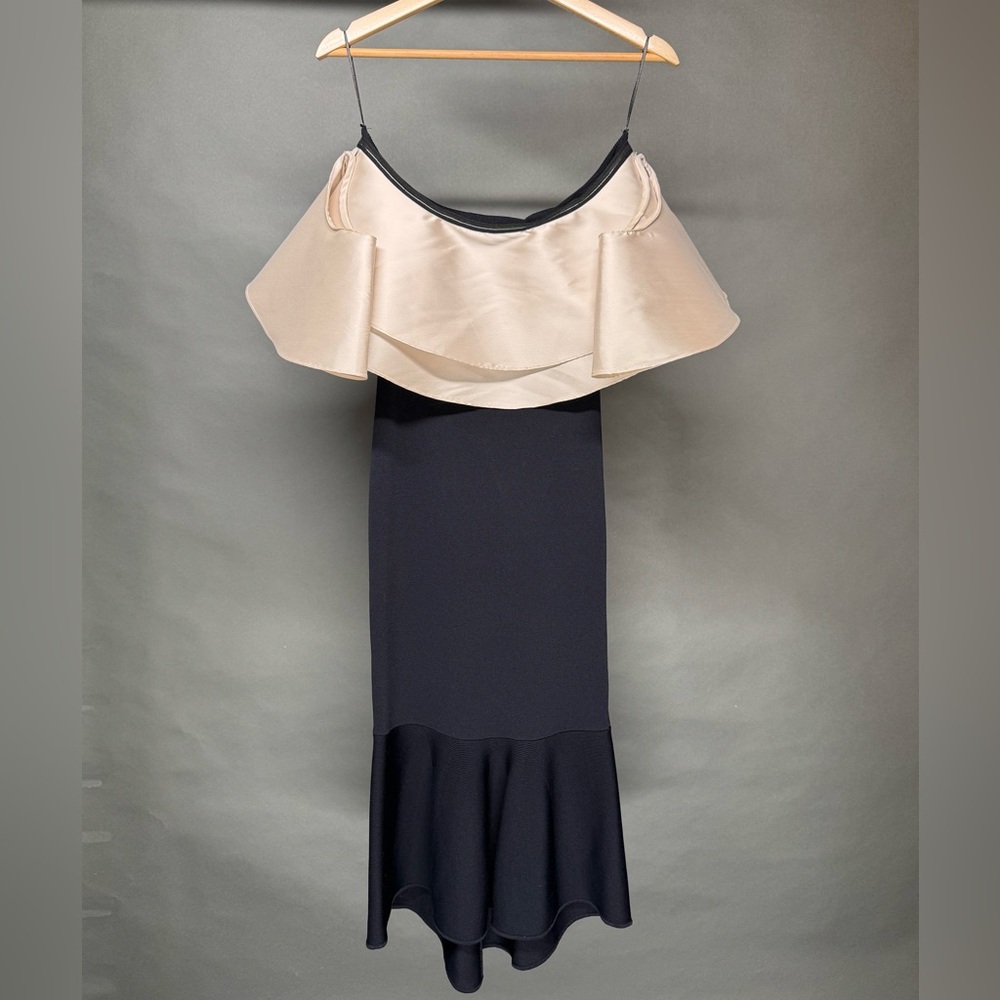 Sachin & Babi Black & Ivory Off-Shoulder Ruffle Midi Dress | Size M